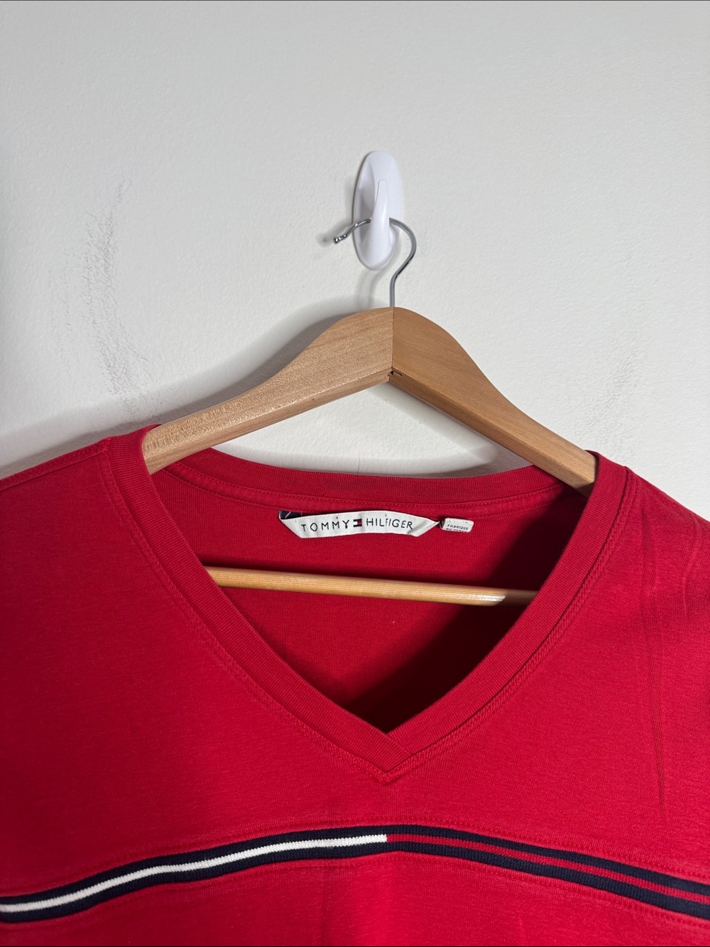 Tommy Hilfiger Vintage Red V‑Neck Long Sleeve Top Stripe Logo Street-style sz XL - Picture 3 of 9